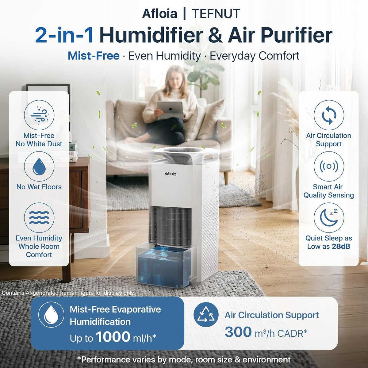 Afloia 33.8 fl oz/h Humidificador libre de niebla y purificador de aire en