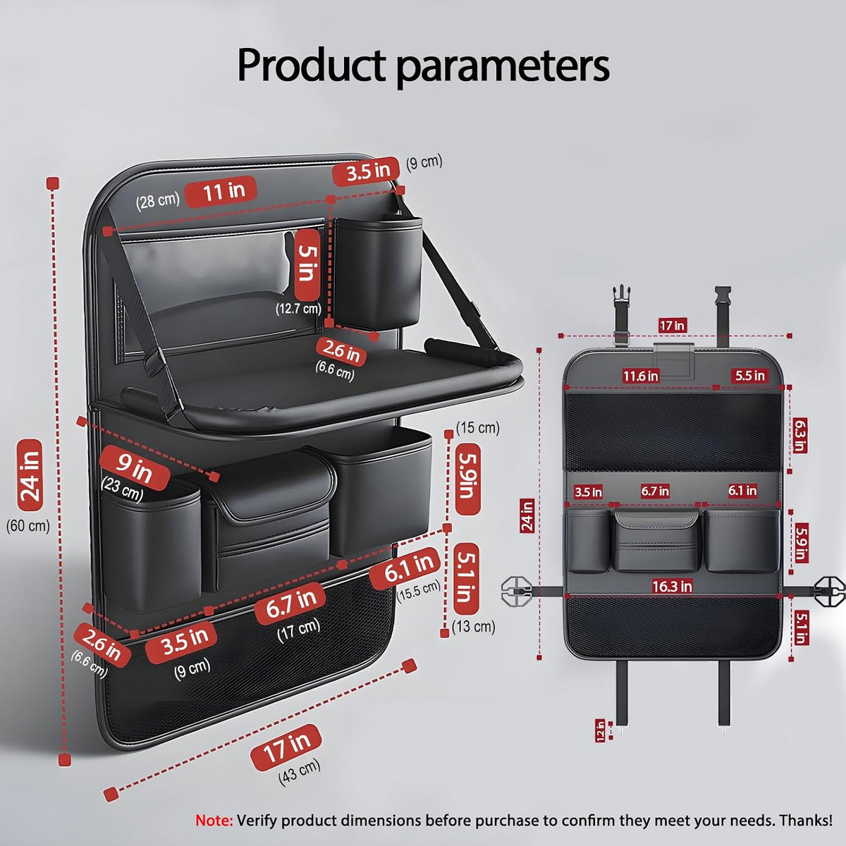 Paquete de 2 organizadores universales plegables para asiento trasero de automóvil con bandeja de mesa, protector de respaldo de asiento de automóvil con soporte para teléfono para pantalla táctil, alfombrillas de cuero prémium con bolsillos de