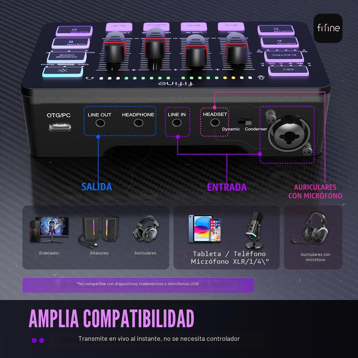FIFINE Mezclador de audio para juegos, mezclador de PC RGB para streaming con interfaz de micrófono XLR, control individual, atenuador de volumen, botón de silencio, alimentación fantasma de 48 V