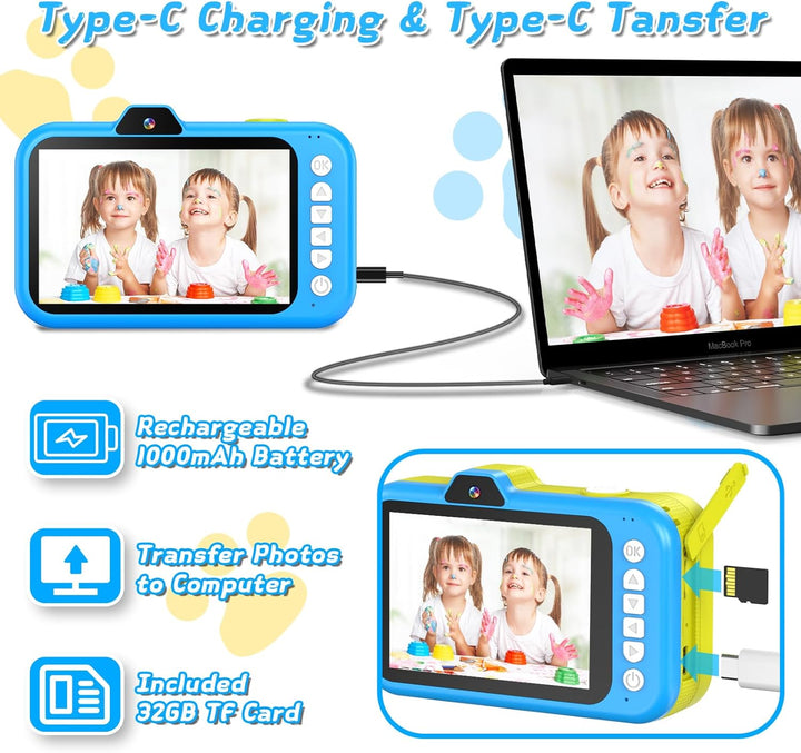 CHAKEYAKE Cámara para niños con lente de zoom giratoria, pantalla g...