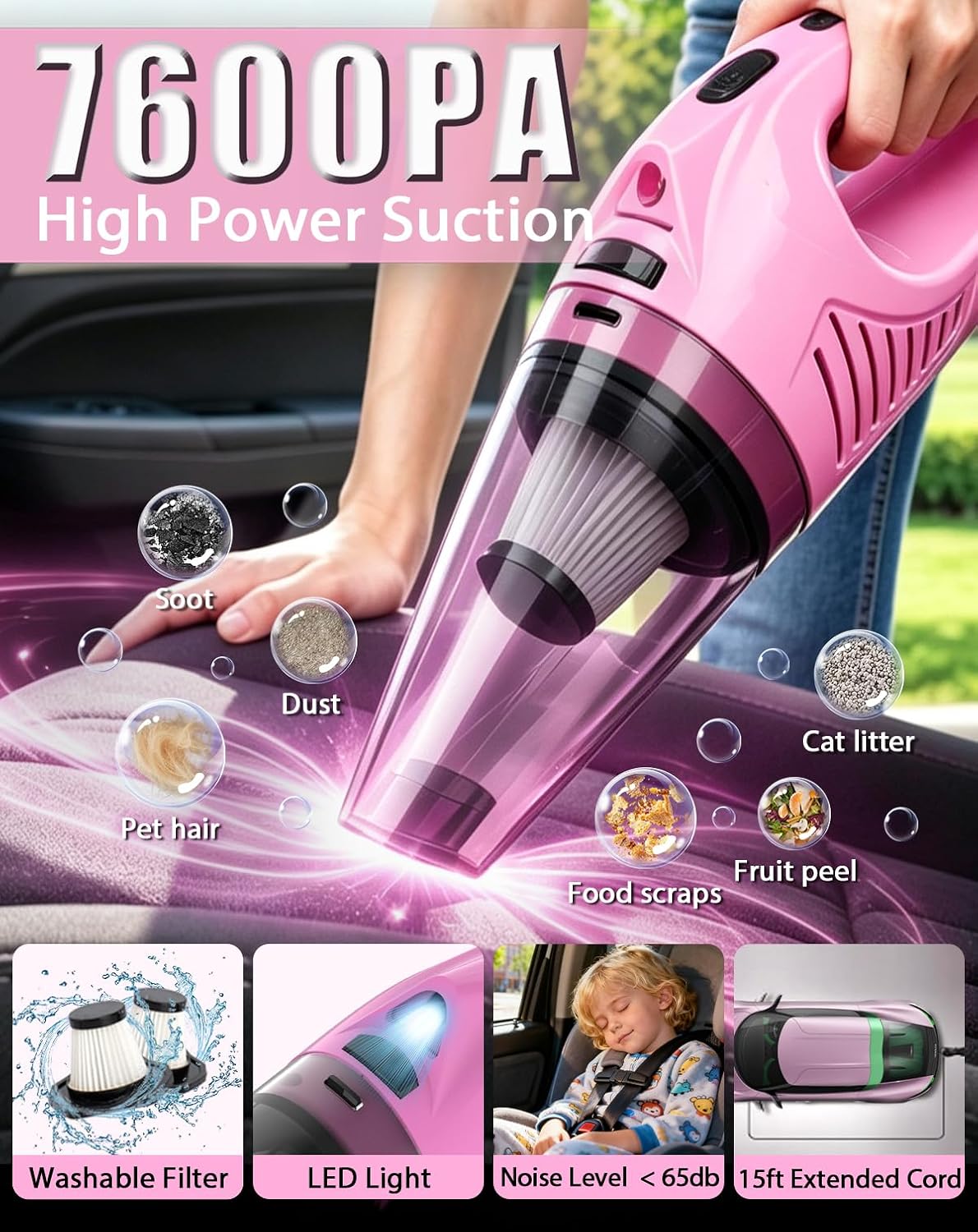 THINKWORK Kit de limpieza de coche con vacío, limpieza profunda para