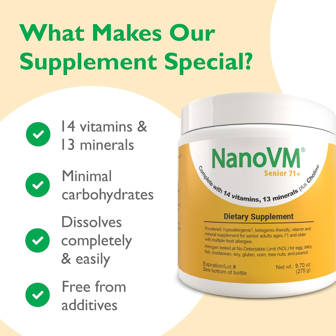 NanoVM Senior 71+, suplementos vitamínicos sin alérgenos, polvo mul...