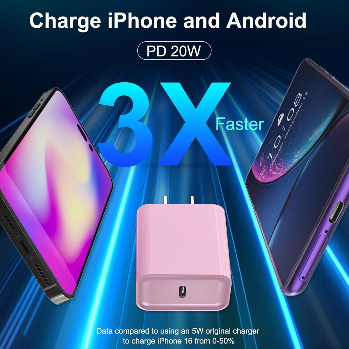 Cargador de carga rápida para iPhone 16 y 15, paquete de 3 cargadores USB C PD de 20 W con cable de 10 pies, cable USB C tipo C para iPhone 16/16 Plus/16 Pro/16 Pro Max/15/15 Pro/15 Pro Max (rosa)