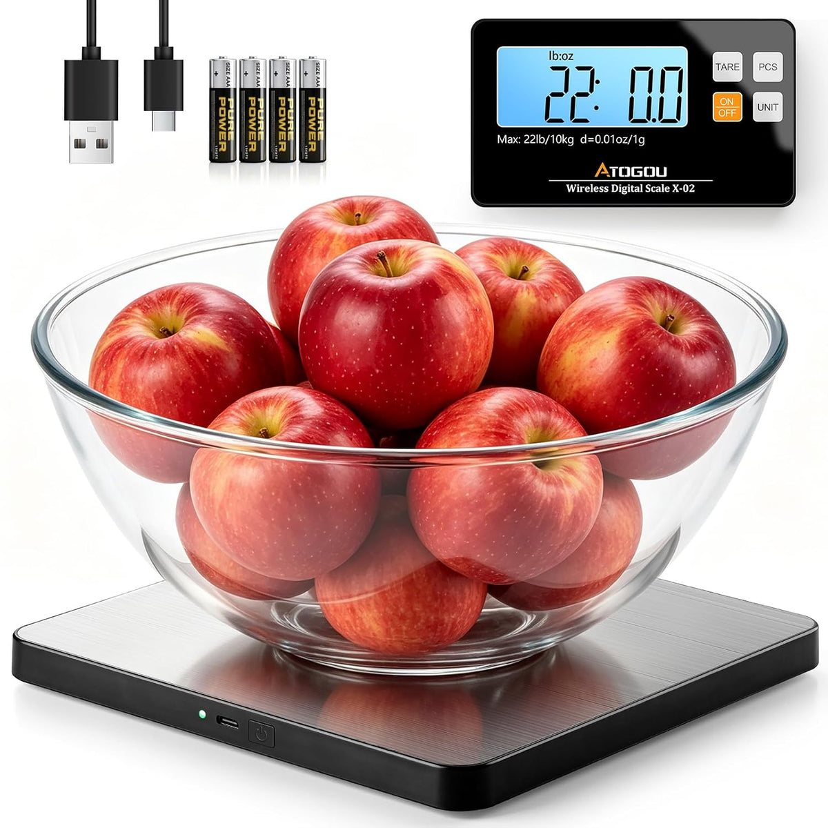Báscula de cocina inalámbrica de 22 libras con pantalla dividida