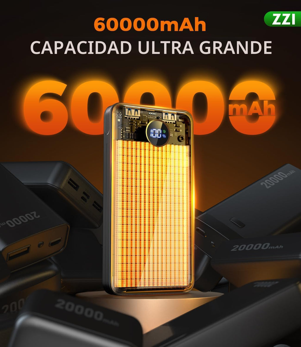 ZZI Cargador portátil Power Bank 60000mAh, 22.5W PD Paquete de baterías de