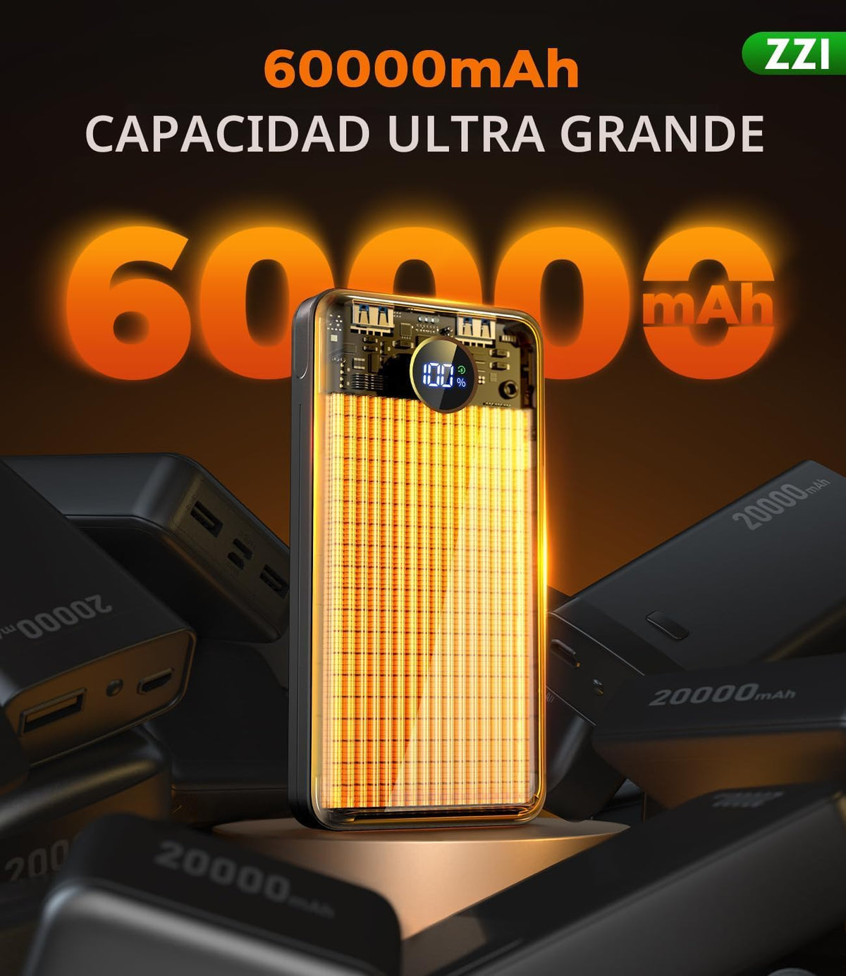 ZZI Cargador portátil Power Bank 60000mAh, 22.5W PD Paquete de baterías de