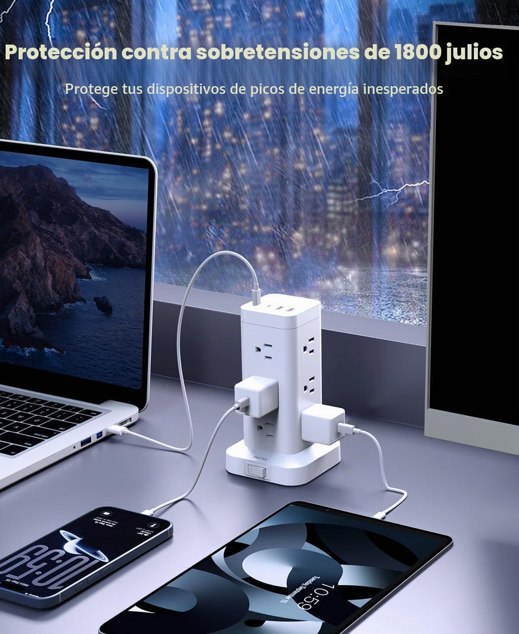 Regleta de alimentación en torre con puerto de carga rápida PD de 30 W, 12 tomas, 4 puertos USB (2 USB-C), protector de sobretensiones de 1800J, estación de carga para múltiples dispositivos, cable de