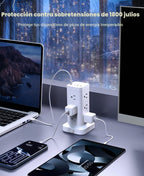 Regleta de alimentación de torre con puerto de carga rápida PD de 30 W, 12 tomas, 4 puertos USB (2 USB-C), protector de sobretensiones de 1800J, estación de carga para múltiples dispositivos, cable de