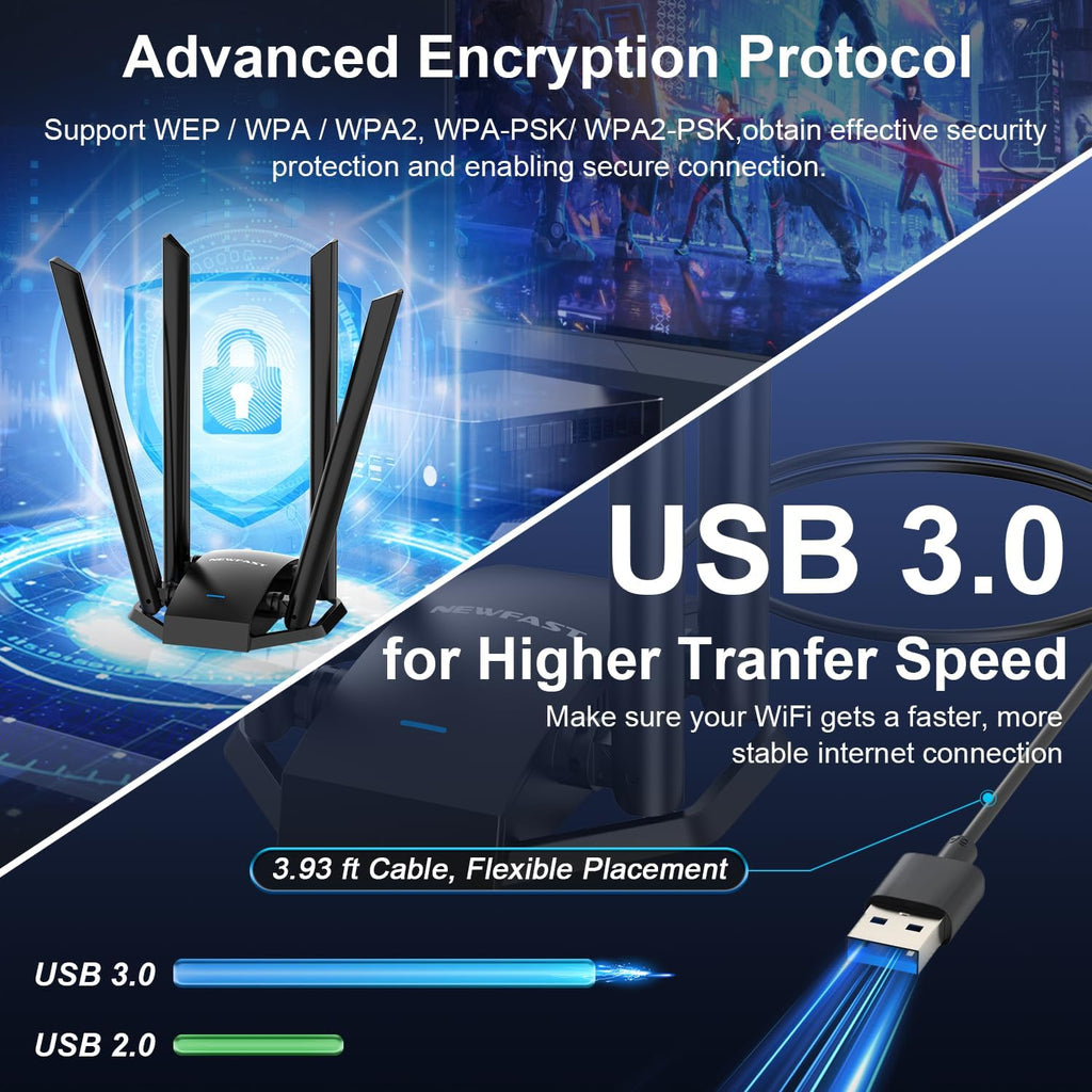 NEWFAST Adaptador WiFi USB para PC de escritorio USB3.0 Ordenador AC1300