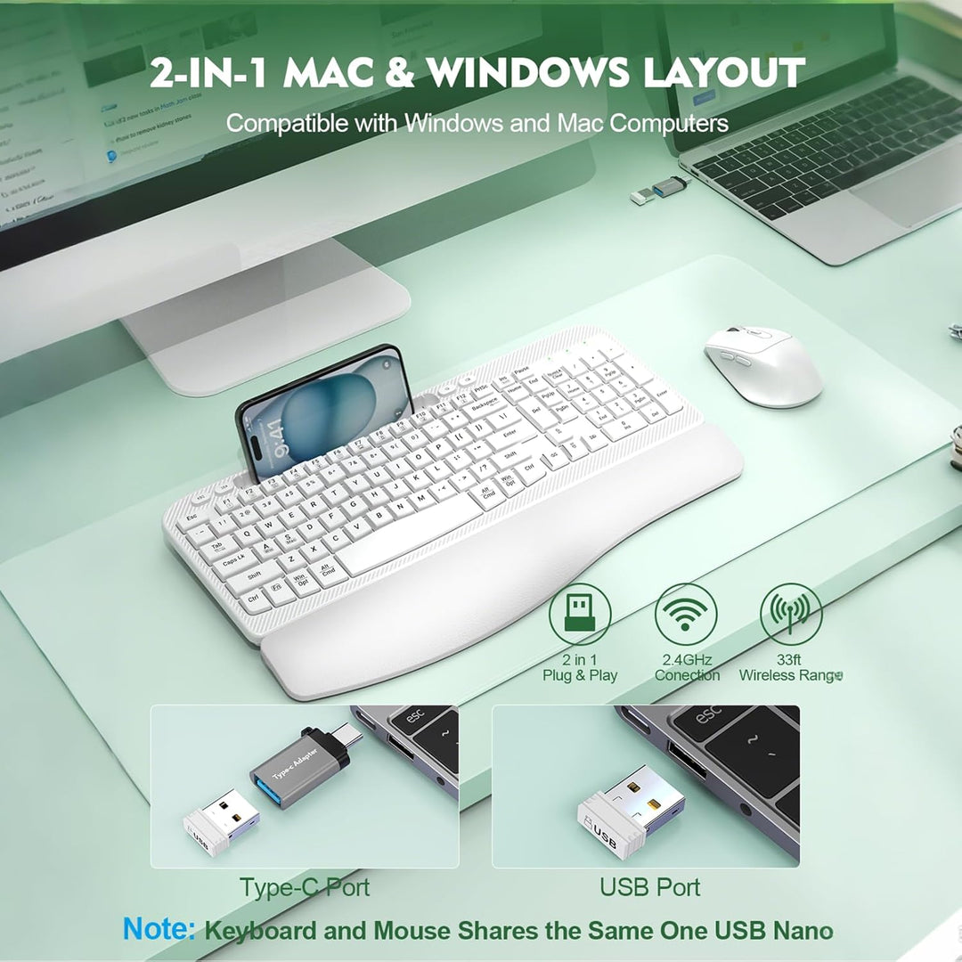 Combinación de teclado y mouse inalámbricos, teclado ergonómico de...