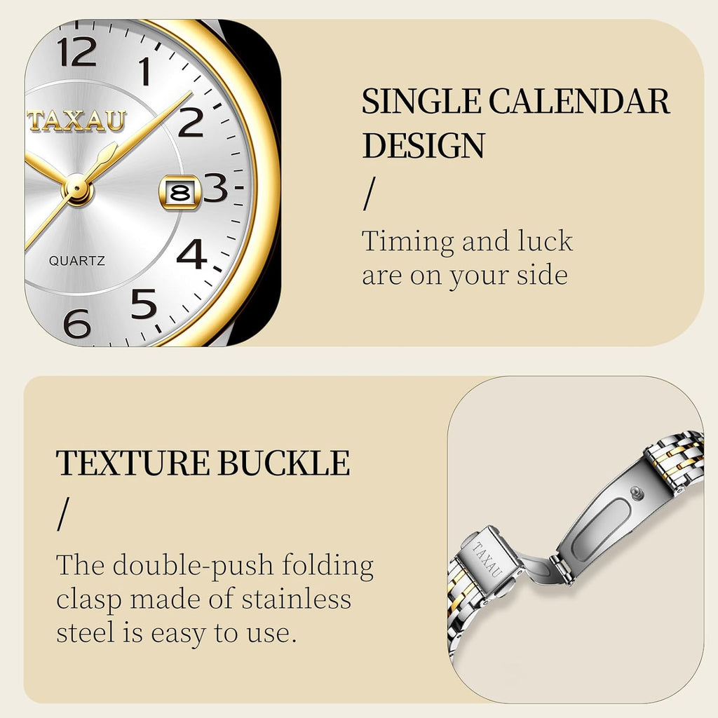 Reloj de Mujer Elegante Analógico a Cuarzo con Carga de Fecha, Números Arábigos Grandes, Impermeable, Dos Tonos, Acero Inoxidable, Pequeño, Reloj de Muñeca