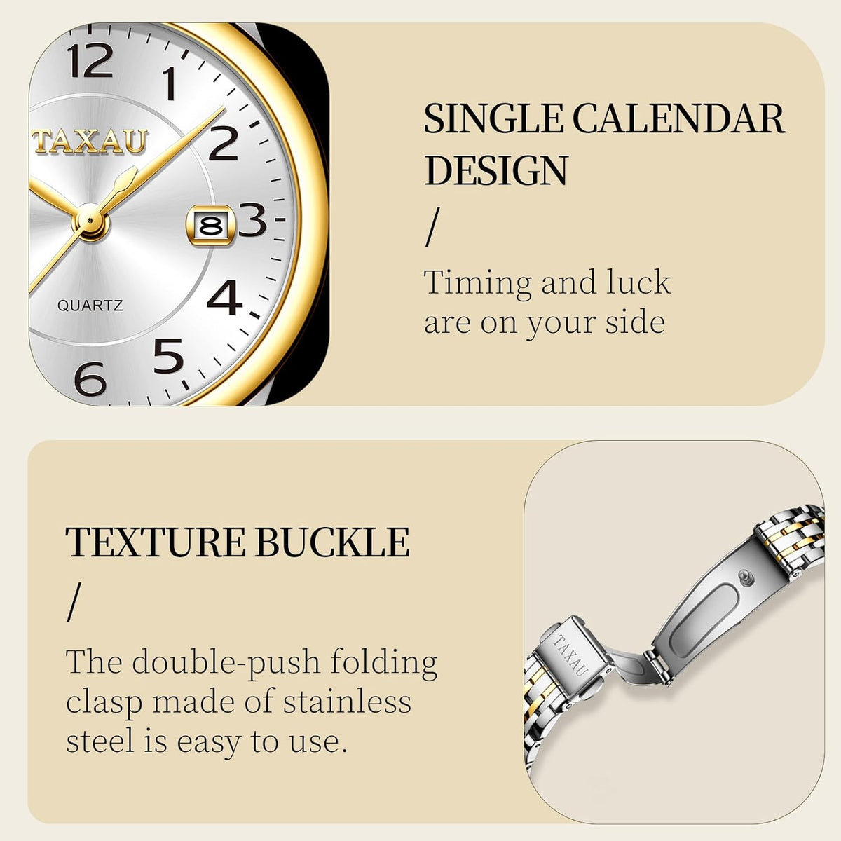 Reloj de Mujer Elegante Analógico a Cuarzo con Carga de Fecha, Números Arábigos Grandes, Impermeable, Dos Tonos, Acero Inoxidable, Pequeño, Reloj de Muñeca