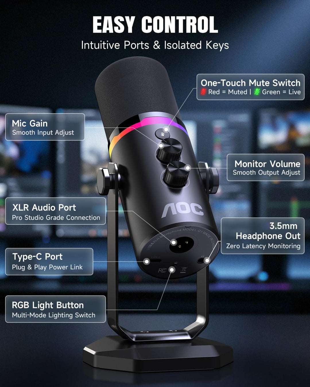 Micrófono dinámico AOC USB\/XLR para juegos de PC, podcasts y graba...