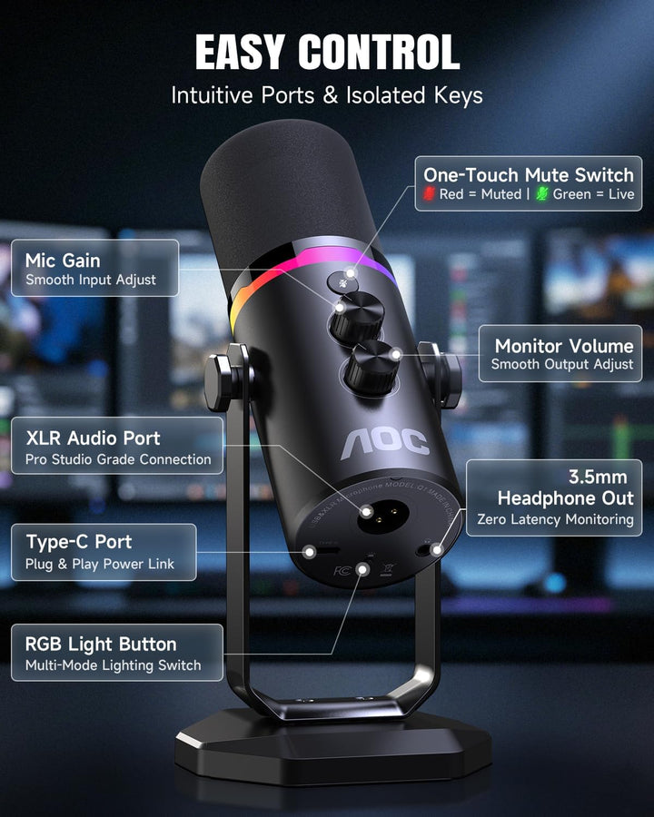 Micrófono dinámico AOC USB\/XLR para juegos de PC, podcasts y graba...