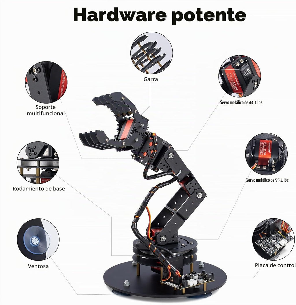 Kit de brazo de robot de metal de 6 ejes con control de joystick para programación Arduino, brazo robótico DIY para aprendizaje STEM, construcción educativa y juego, proyectos de servomotores