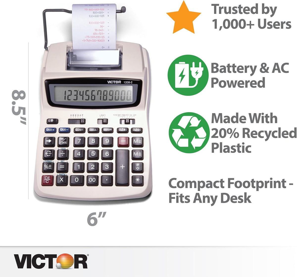 Victor Calculadora de impresión, 1208-2 Máquina de adición compacta y confiable con pantalla LCD de 12 dígitos, alimentación por batería o CA, incluye adaptador, color blanco