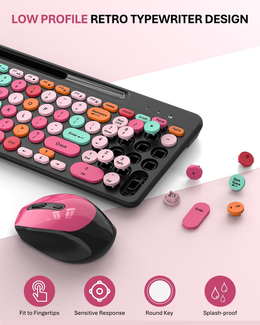Colorido combo de teclado y mouse inalámbricos, teclas redondas, te...