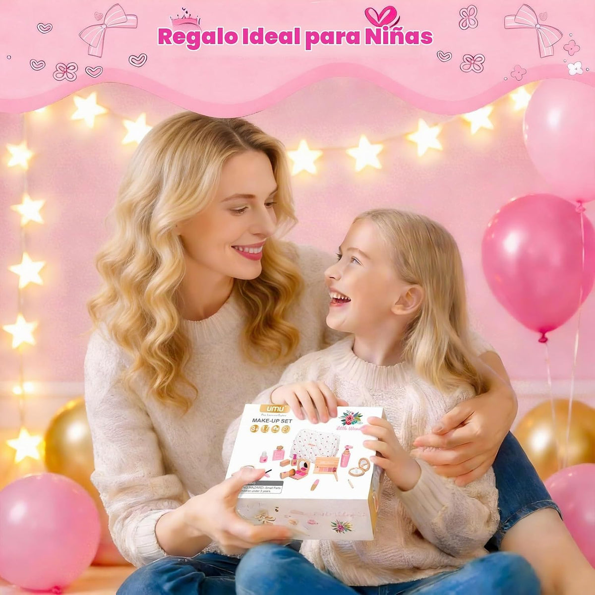 Juego de juguetes de maquillaje de madera para niñas, kit de maquillaje para niños de 3 a 5 años con sombra de ojos, rímel, perfume, rubor, espejo, bolsa, regalos de cumpleaños para niñas