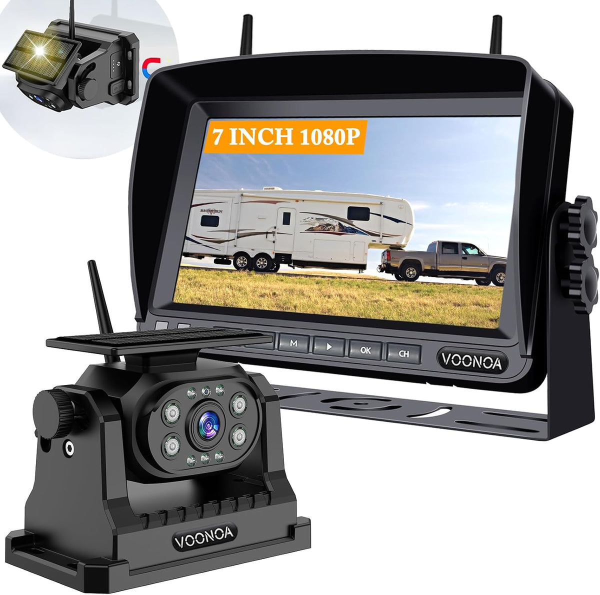 Cámara magnética inalámbrica de respaldo, batería de 15000 mAh, recargable, impermeable, HD, solar, retrovisor, cámara de enganche Bluetooth con sistema de monitor 1080P de 7 pulgadas para automóvil, camión, remolque, RV VN003