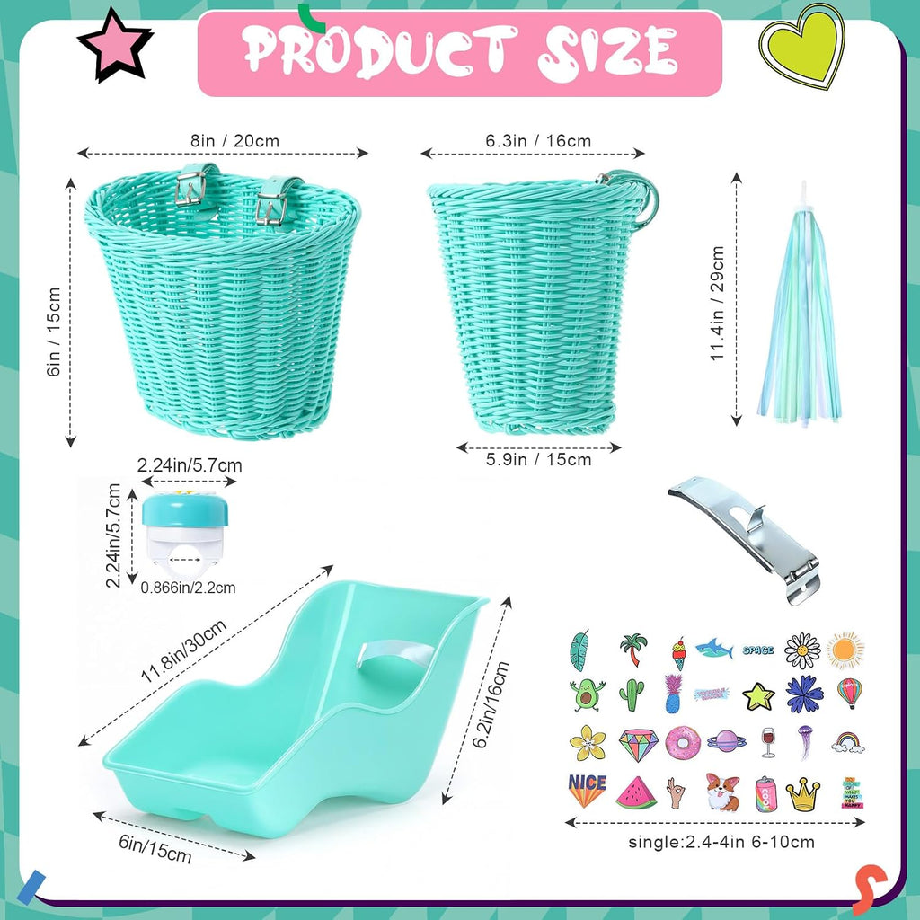 Asiento de bicicleta de muñeca con 30 calcomanías de calcomanías, cesta de bicicleta para niños, manillar de bicicleta, cintas coloridas, borla, margarita, campana de bicicleta para niñas