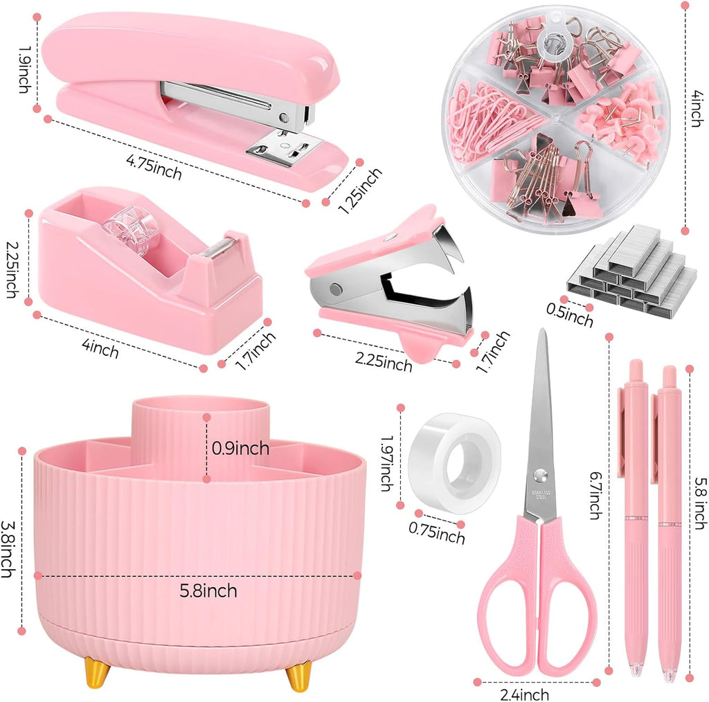 SKYDUE Accesorios de escritorio rosa 10 piezas, porta lapices giratorio para escritorio, engrapadora, removedor de grapas, dispensador de cinta, 2 piezas de recarga de cinta, juego de clips de papel