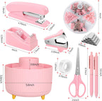 SKYDUE Accesorios de escritorio rosa 10 piezas, porta lapices giratorio para escritorio, engrapadora, removedor de grapas, dispensador de cinta, 2 piezas de recarga de cinta, juego de clips de papel