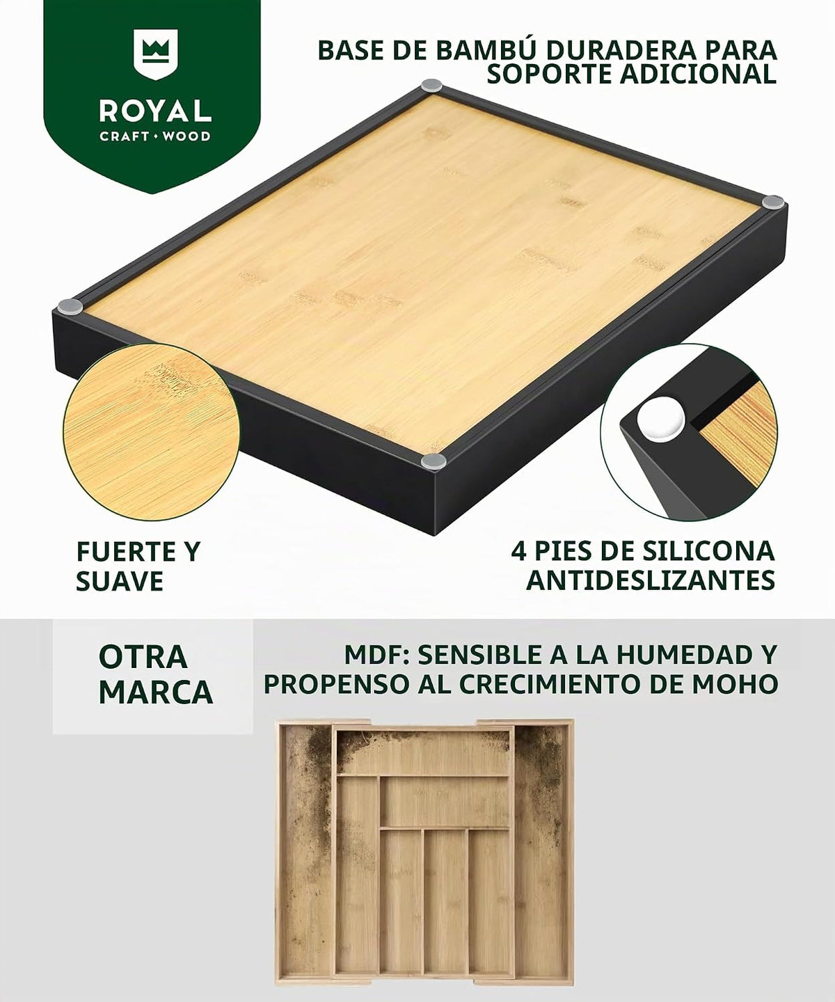 ROYAL CRAFT WOOD Organizador de cajones de cocina de bambú de lujo, organizador de cubiertos, soporte para utensilios y bandeja de cubiertos con separadores de cajones ranurados para cubiertos y