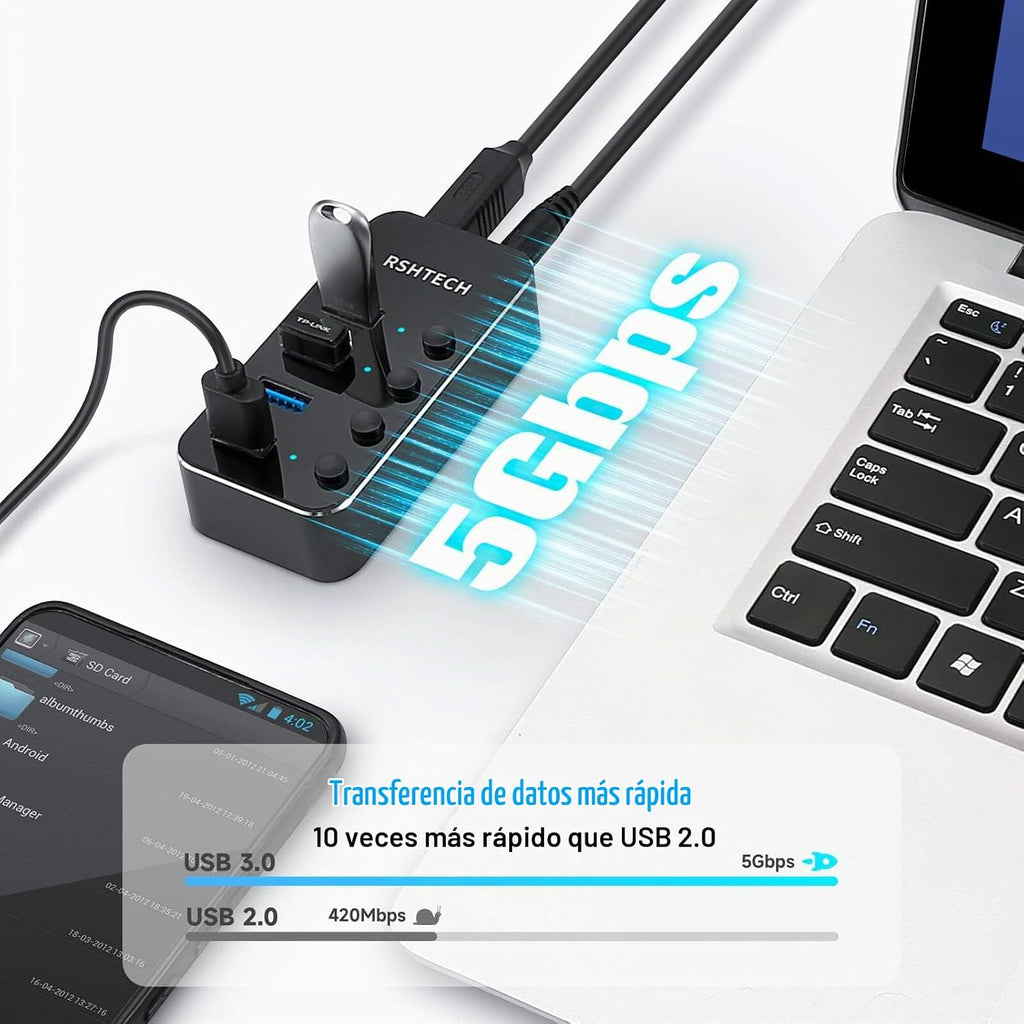 RSHTECH, hub USB 3.0 de 4 puertos, alimentado