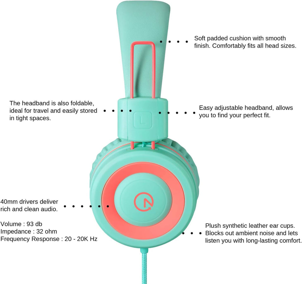 Auriculares para niños noot products K11, plegables, estéreo, sin enredos, cable de 1,5 m de largo, conector de 3,5 mm, cascos supraaurales con cable para iPad/Amazon Kindle, Fire/niños/niñas/escuela