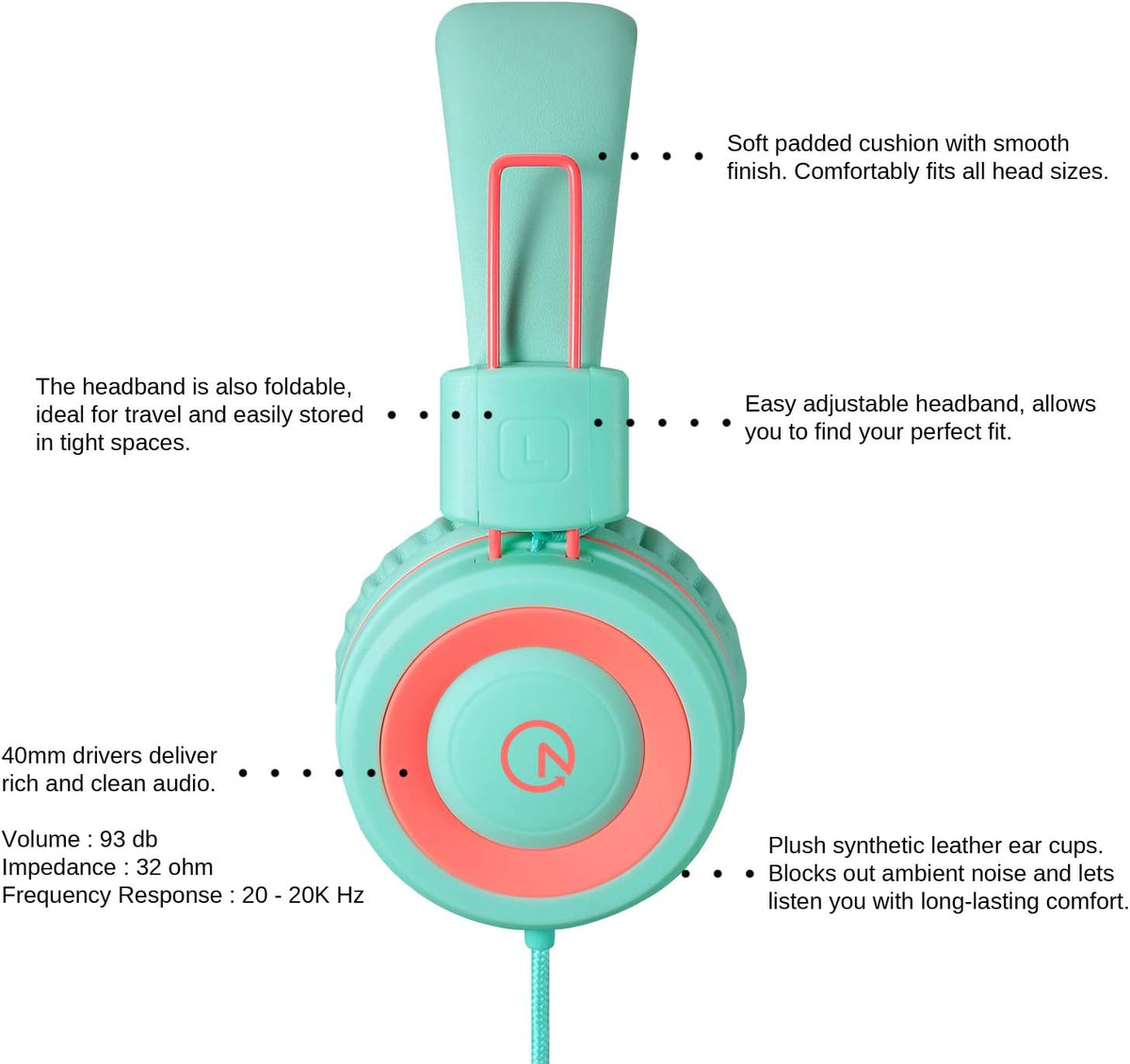 Auriculares para niños noot products K11, plegables, estéreo, sin enredos, cable de 1,5 m de largo, conector de 3,5 mm, cascos supraaurales con cable para iPad/Amazon Kindle, Fire/niños/niñas/escuela