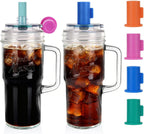 Vasos de vidrio con tapas y pajitas, vaso a prueba de fugas, vaso de café de 24 onzas, vaso de tapa a prueba de fugas, popote de silicona, reutilizable, taza de café helado, batido de café