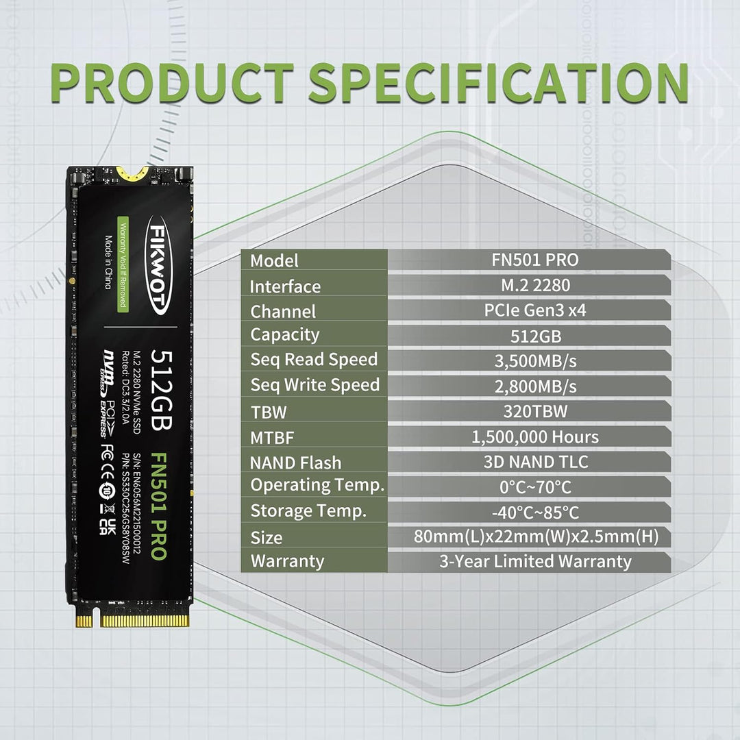 Fikwot FN501 Pro 512GB NVMe SSD - M.2 2280 PCIe Gen3 x4 Unidad inte...