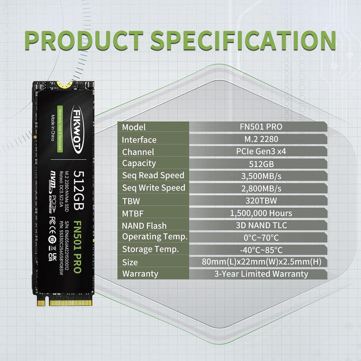Fikwot FN501 Pro 512GB NVMe SSD - M.2 2280 PCIe Gen3 x4 Unidad inte...
