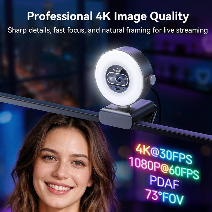 EMEET Cámara web S600L 4K para transmisión con luz de anillo, 4 mod...