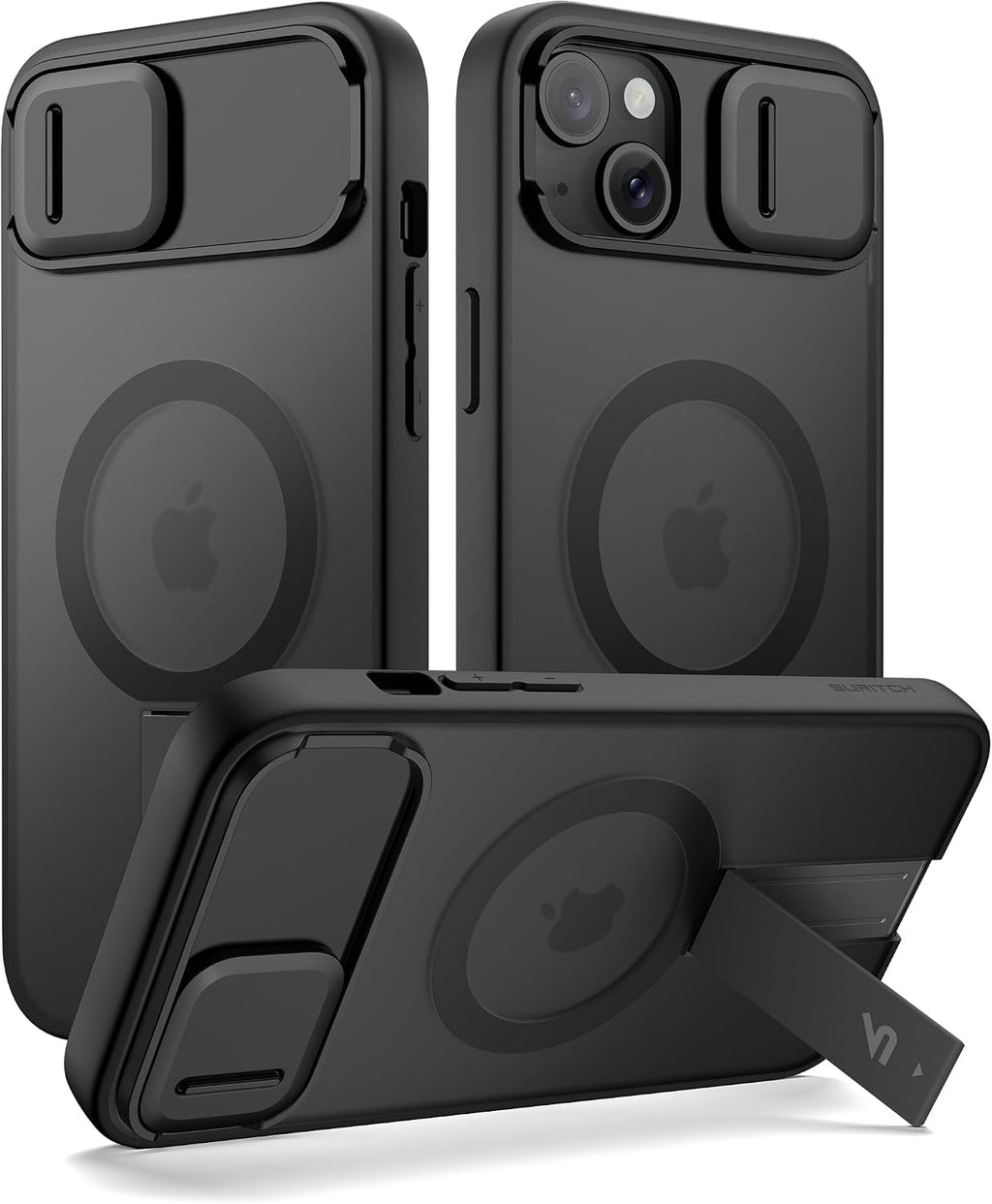 SURITCH Funda para iPhone 15, compatible con MagSafe, soporte integrado y cubierta de cámara y parte trasera translúcida, funda protectora resistente a prueba de golpes de 6.1 pulgadas, color negro