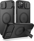SURITCH Funda para iPhone 15, compatible con MagSafe, soporte integrado y cubierta de cámara y parte trasera translúcida, funda protectora resistente a prueba de golpes de 6.1 pulgadas, color negro