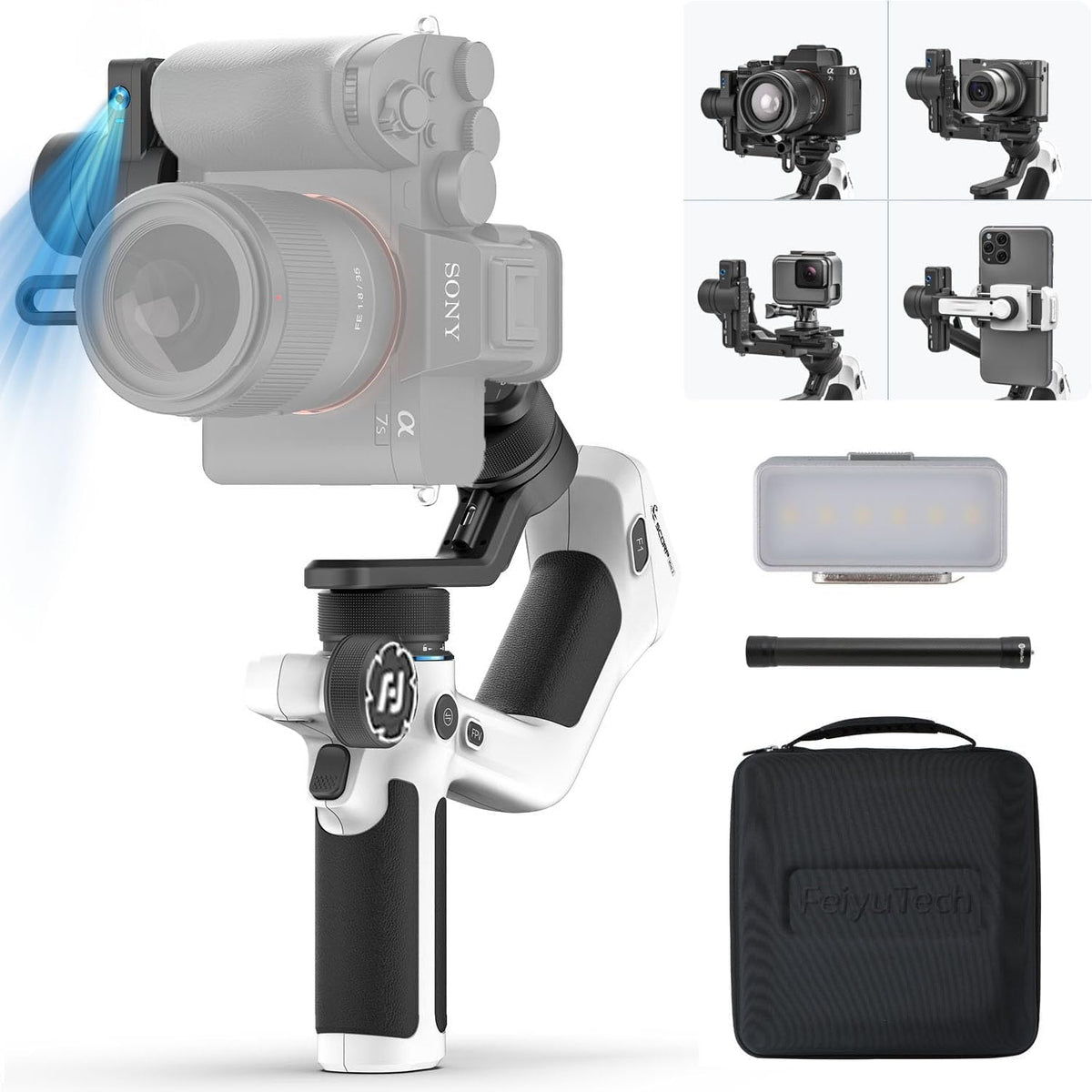 FeiyuTech Kit oficial SCORP Mini 2 cardán, estabilizador de cámara de 3 ejes con luz de llenado AI Tracker, 1,3 pulgadas Touch Sreen, para cámara sin espejo, smartphone, cámara de acción, con funda de
