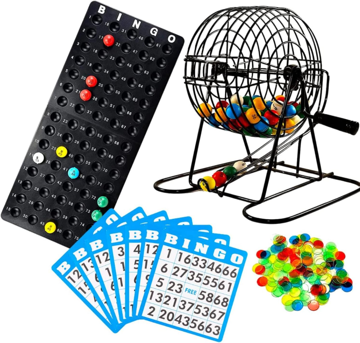 Juego de Bingo Deluxe Regal para Adultos y Niños - Incluye Jaula de Rueda de 8 Pulgadas, 75 Bolas, Tablero Principal, 50 Tarjetas y Fichas Coloridas - Divertida Noche de Juegos Familiares