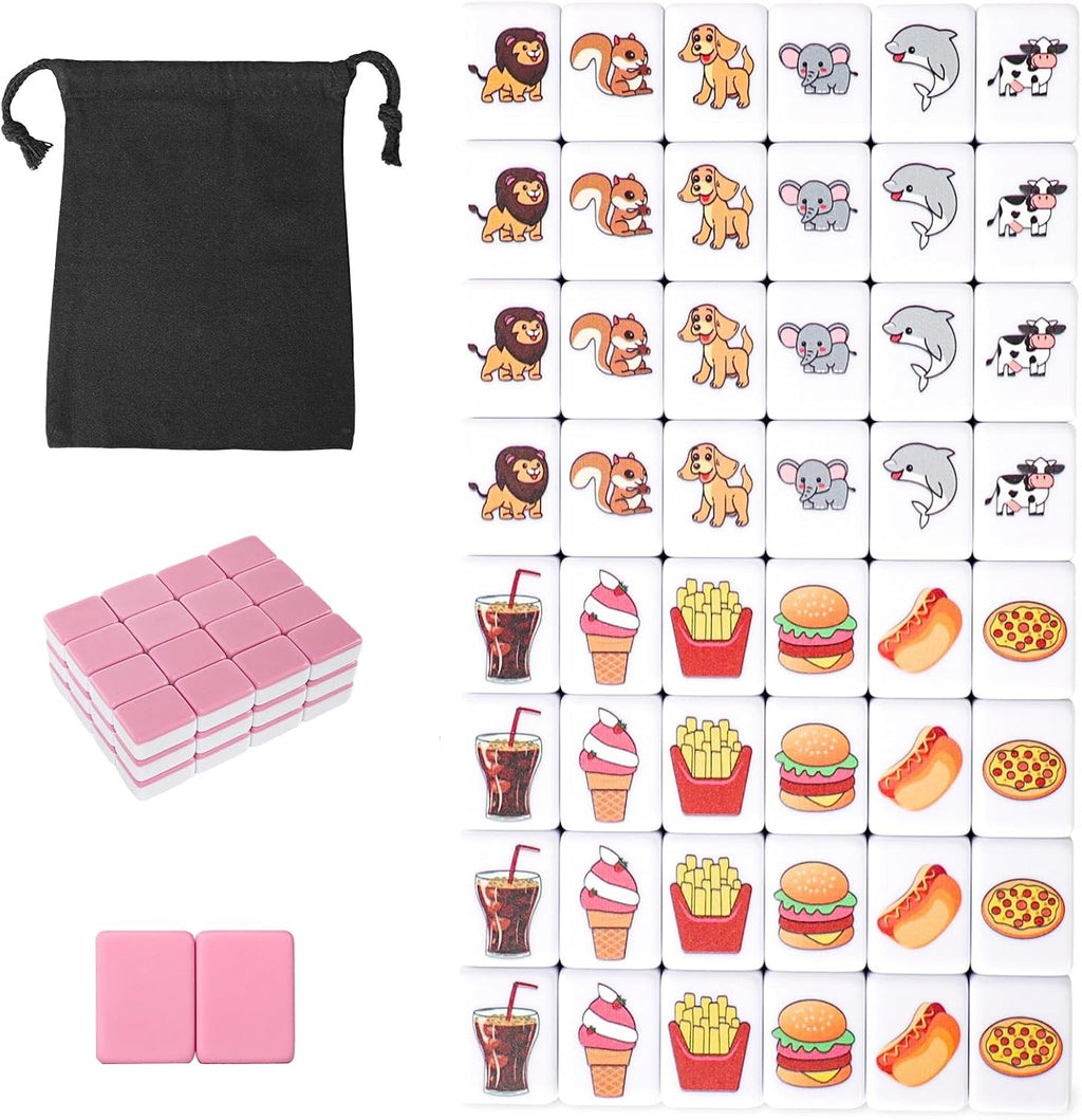 GRACIAS Juego de Mahjong de 2 jugadores, juego de fichas de Mahjong con 50 fichas rosas premium (30mm) con patrón de animales y alimentos, juego de Mahjong portátil con una bolsa de transporte