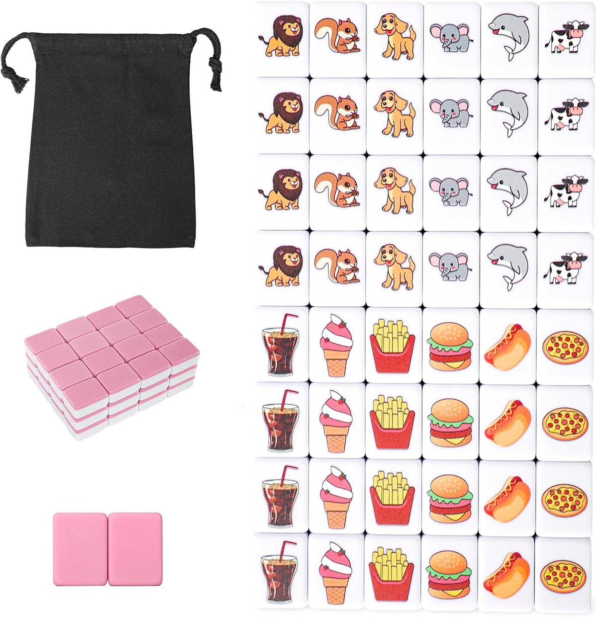 GRACIAS Juego de Mahjong de 2 jugadores, juego de fichas de Mahjong con 50 fichas rosas premium (30mm) con patrón de animales y alimentos, juego de Mahjong portátil con una bolsa de transporte