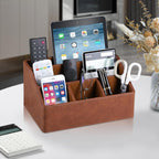 Organizador de Escritorio de Cuero PU, Soporte de Control Remoto de Lujo para el Hogar, Accesorios de Escritorio de Oficina Caddy de Mesa Organizador de Mesita de Noche (Marrón)