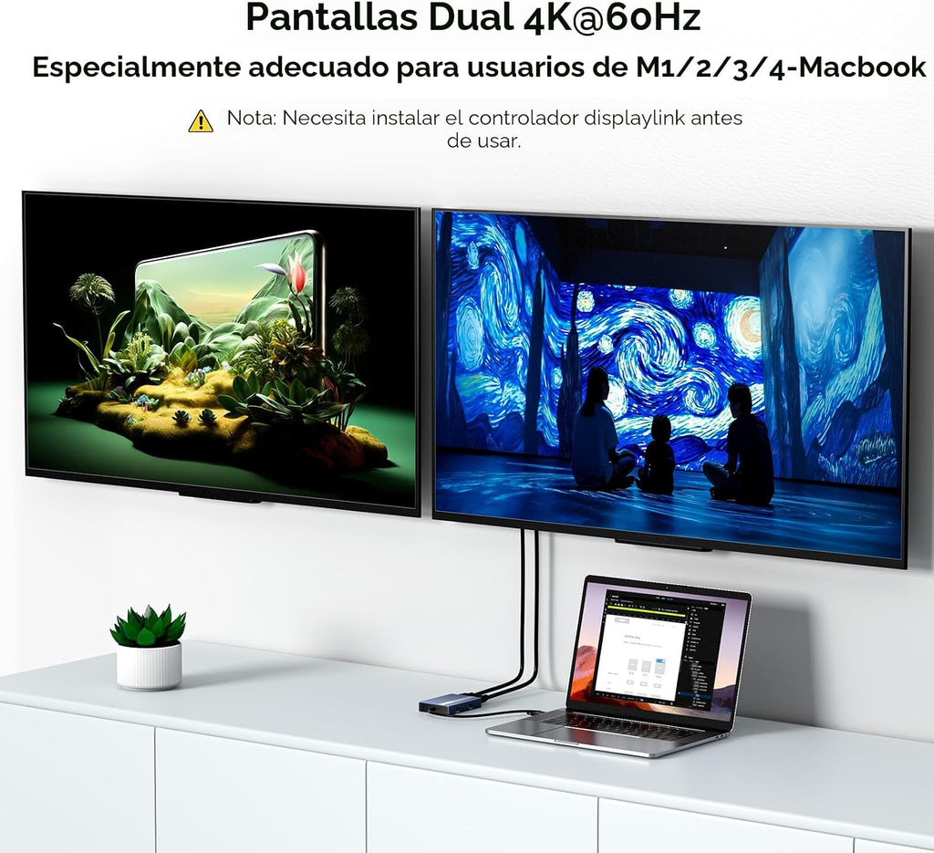 ACASIS Adaptador USB C a HDMI dual DisplayLink, 4K@60Hz, 2 HDMI y 3 puertos USB-A, carga PD de 100W, estación de acoplamiento USB C DisplayLink para Mac M1/M2/M3/Windows, adaptador USB A/C a monitor