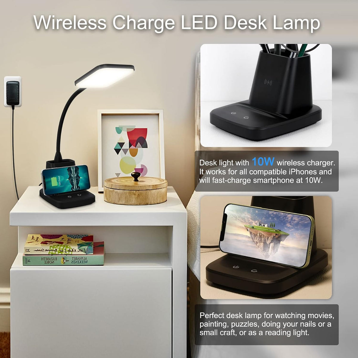 Lámpara Lámpara de escritorio Sailstar, lámparas de escritorio LED para oficina en casa, lámpara de escritorio pequeña con cargador inalámbrico y soporte para bolígrafo, 3 modos de color, regulable, CRI 85