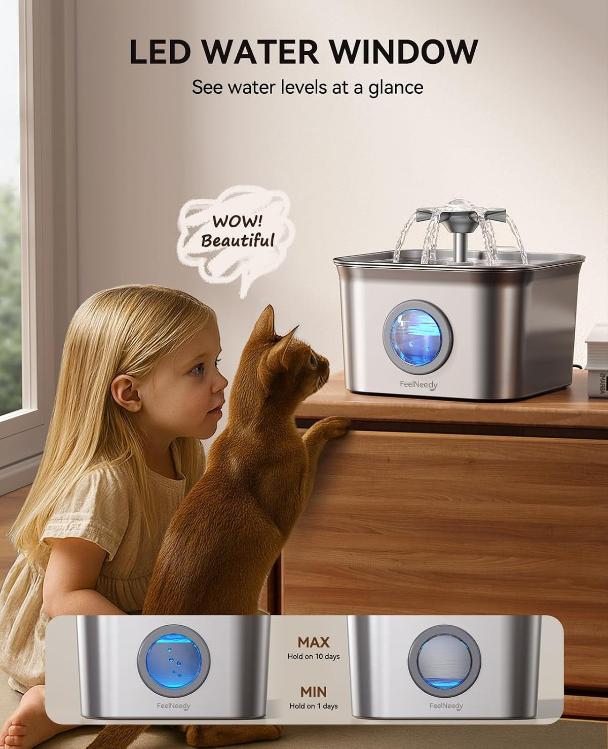 Fuente de agua para gatos Acero inoxidable: 99oz/2.8L Bebedero automático para mascotas