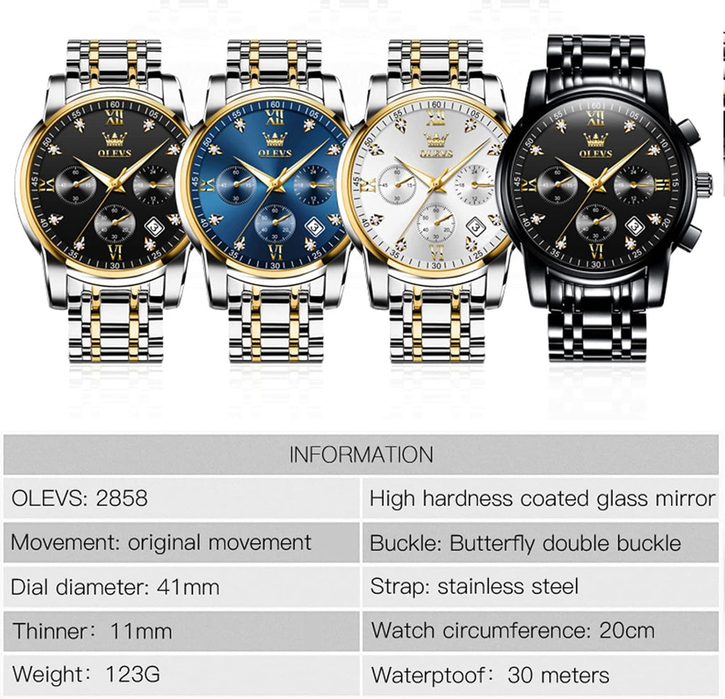OLEVS Relojes de Oro para Hombres Reloj de Pulsera de Lujo a Prueba de Agua Gran Cara Elegante Acero Inoxidable Analógico Cuarzo Fecha Cronógrafo Luminoso Lectura Fácil Relojes de Negocios Regalos para Hombres Graduación