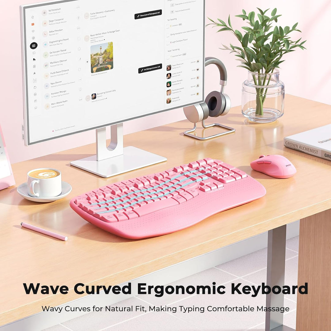 MEETION Teclado y ratón inalámbricos ergonómicos, teclas onduladas...