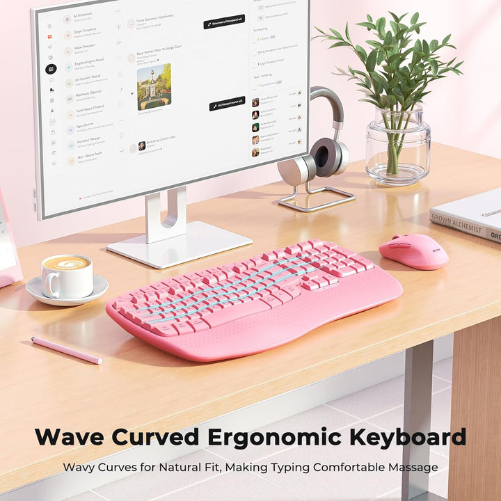 MEETION Teclado y ratón inalámbricos ergonómicos, teclas onduladas...