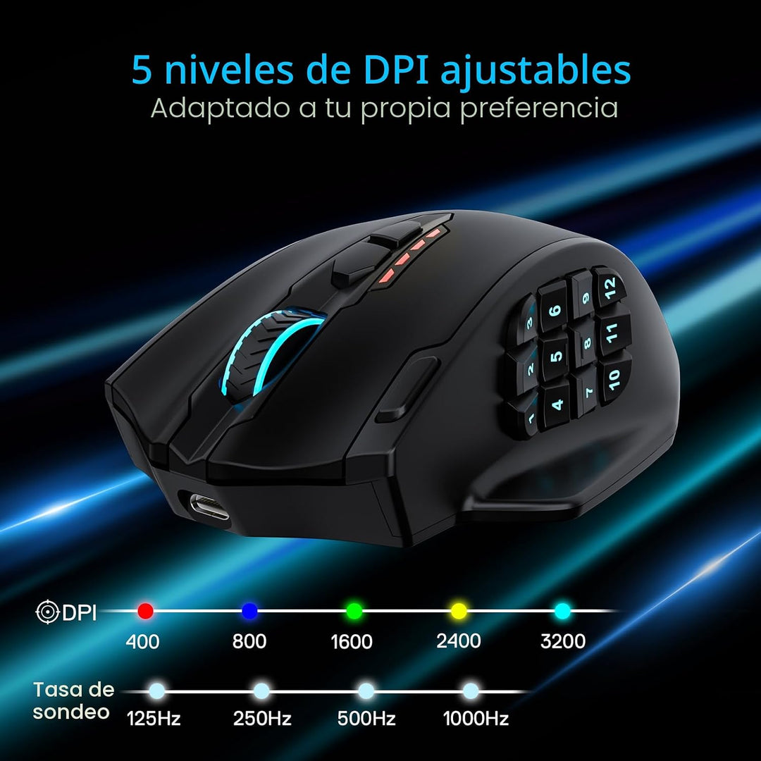 Redragon M913 MAX Ratón inalámbrico para juegos, ratón óptico MMO d...