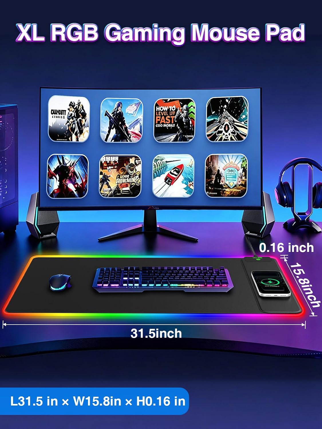 Alfombrilla de mouse XXL RGB para juegos con cargador inalámbrico magnético de 15 W, 31.5 x 15.8 pulgadas, alfombrilla de escritorio LED extra grande, 24 efectos de luz con base de goma antideslizante