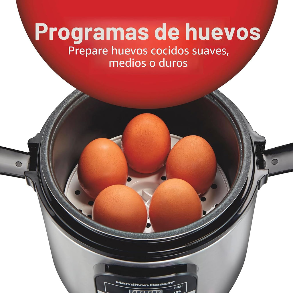 Hamilton Beach - Arrocera programable digital y vaporizador de alimentos, con funciones de huevo duro cocido a fuego lento, bandeja para huevos/vapor, pequeña y compacta, 6 tazas cocinadas (3 sin